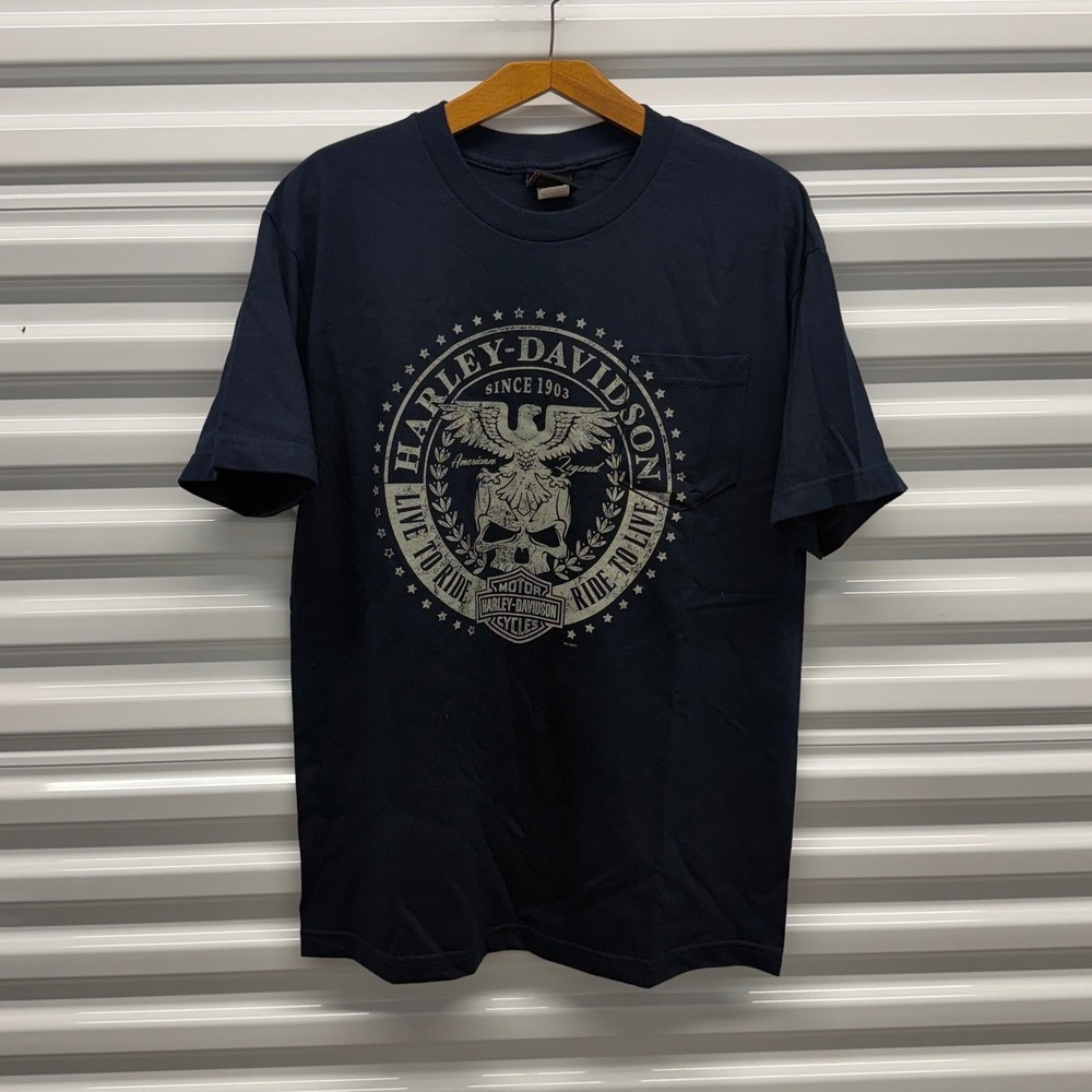 Vintage Harley Davidson Skull Pocket Tee Blue Mens Large Shirt
